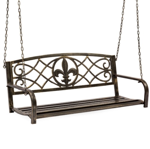 2-Person Outdoor Metal Hanging Swing Bench w/ Fleur-de-Lis Accents  - Lot 763