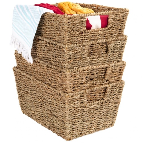 Set of 4 Seagrass Storage Tote Baskets, Laundry Organizer w/ Insert Handles  - Lot 910
