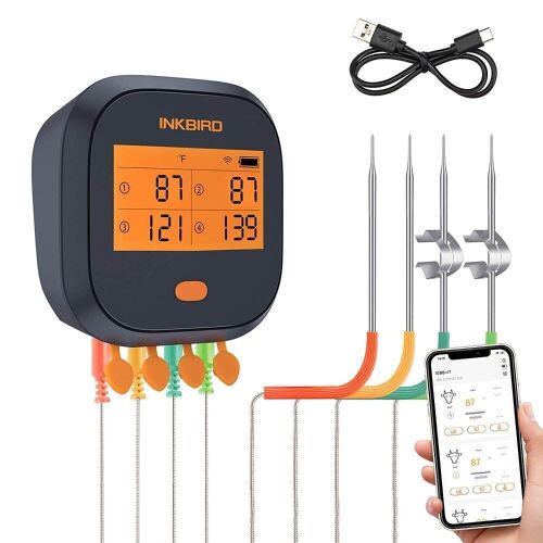 Inkbird WiFi Grill Meat Thermometer IBBQ-4T with Calibration, Timer, High and Low Temperature Alarm with 4 Colored Probes - Lot 931