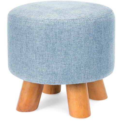 Foam Padded Pouf Ottoman Footrest Stool w/Removable Linen Cover and Non-Skid Wooden Legs, Denim Blue   - Lot 942