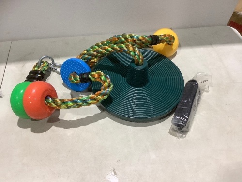 Jungle Gym Kingdom Single Disc Tree Swing and Rainbow Climbing Rope Set w/ Carabiner and 4 Foot Strap  - Lot 1093