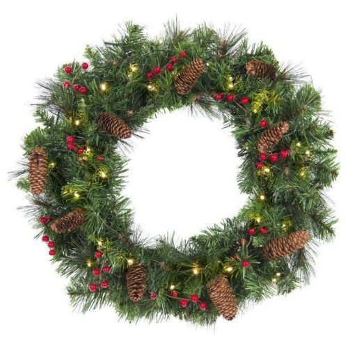 24in Pre-Lit Spruce Christmas Wreath w/ 50 LED Lights, Silver Bristles, Pine Cones, Berries - Lot 1156