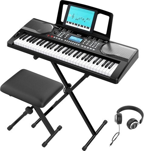 RIF6 Electric 61 Key Piano Keyboard with Over Ear Headphones, Music Stand, Digital LCD Display, Teaching Modes and Adjustable Stool - Appears New  - Lot 146