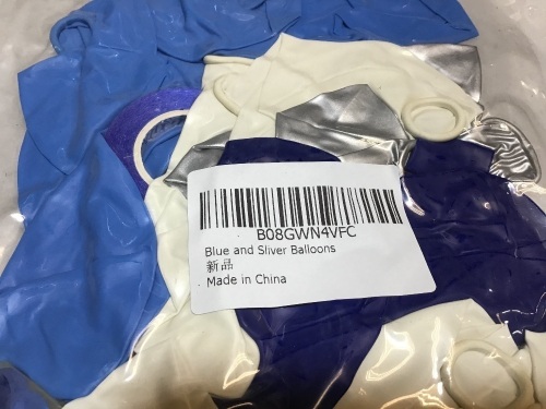 Case of Blue, White and Silver Balloons - Appear New in Damaged Box - Lot 507