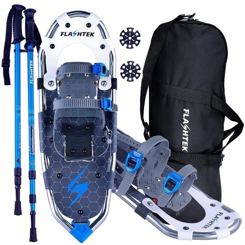 FLASHTEK Lightweight Aluminum Terrain Snow Shoes for Hiking and Heel Lift Riser for Mountaineering with Trekking Poles and Carrying Tote Bag - Appears New  - Lot 627