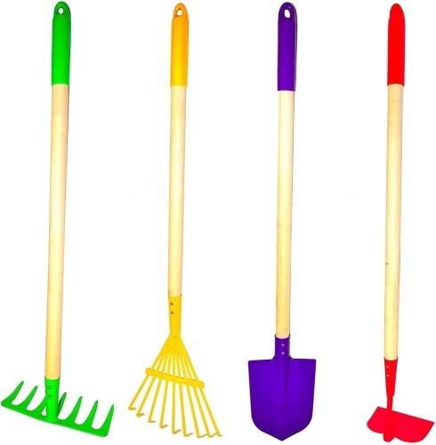 JustForKids Kids Garden Tool Toy Set, Rake, Spade, Hoe and Leaf Rake, 4-Piece - New - Lot 650