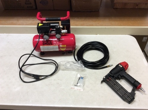 3PLUS 18-Gauge Brad Nailer and Quiet Air Compressor Combo Kit - Appear New, Compressor Works, Nail Gun Untested - Lot 836