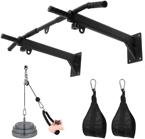 Odoland 3-in-1 Wall Mount Pull Up Bar and Dip Station with LAT Pulley System and Ab Straps - E-Comm Return, Appears New   - Lot 893