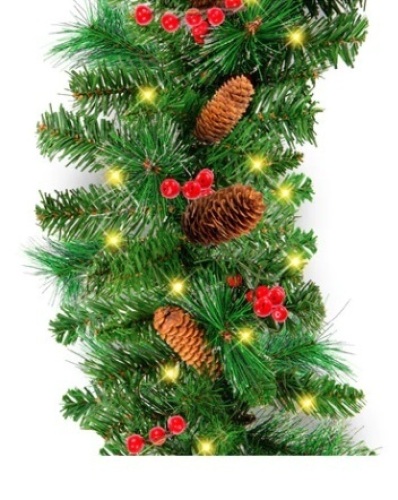 pre-Lit Christmas Garland W/ 50Lights,PineCones and Berries,Appears New - Lot 400