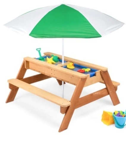 3-In-1 Kids Sand & Water Table Outdoor Wood Picnic Table W/Umbrella,Apears New - Lot 495