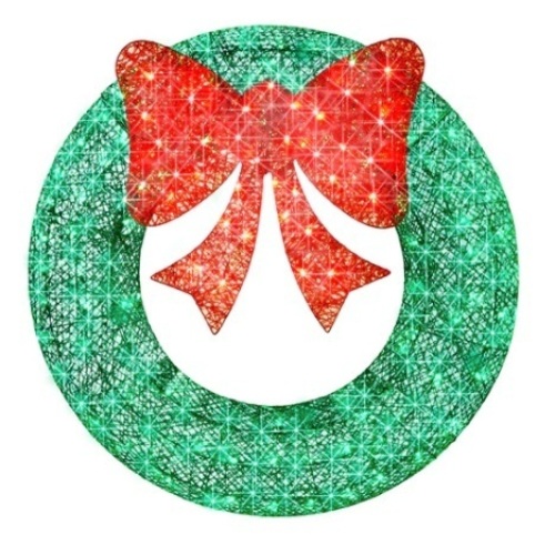 Pre-Lit Outdoor Christmas Wreath, LED Metal Holiday Decor w/ Bow, 48in, Green/Red, Appears New - Lot 411