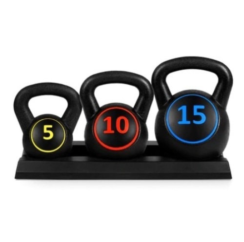 3-Piece Kettlebell Exercise Fitness Weight Set w/ Storage Rack, Appears New - Lot 415