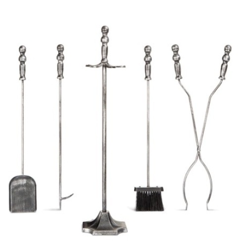 5-Piece Rustic Iron Indoor Outdoor Fireplace and Firepit Tool Set w/ Stand, Pewter, Appears New - Lot 490