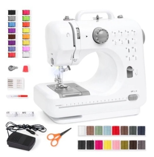 6V Portable Foot Pedal Sewing Machine w/ 12 Stitch Patterns, White/Gray, Appears New - Lot 492