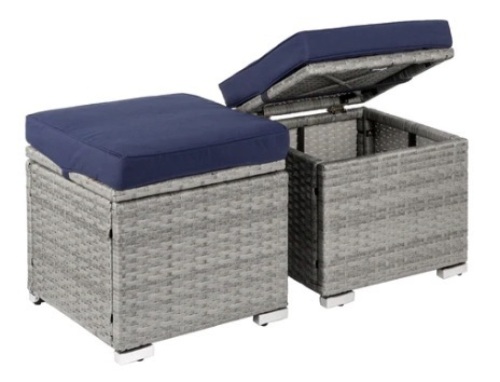 Set of 2 Wicker Ottomans, Multipurpose w/ Removable Cushions & Steel Frame, Gray/Navy, Appears New - Lot 533
