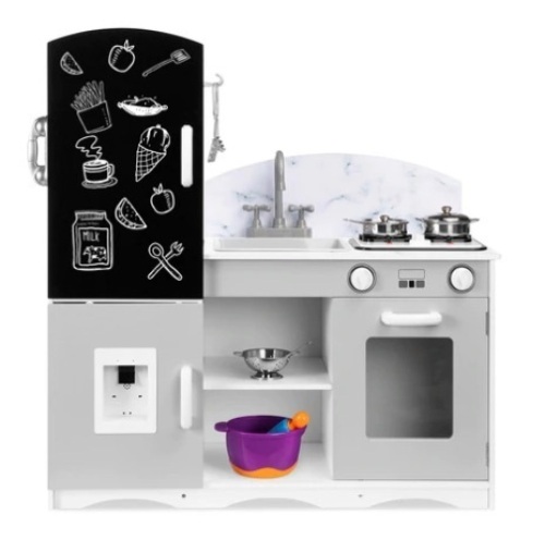 Kids Pretend Play Kitchen Cook Toy Set w/ Chalkboard, Sounds & Accessories, Gray, Appears New - Lot 535
