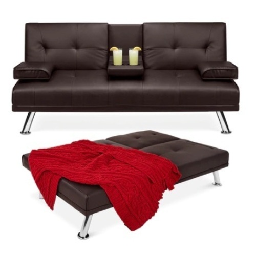 Faux Leather Upholstered Convertible Sofa Bed Futon w/ 2 Cupholders, Brown, Appears New - Lot 539