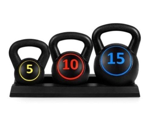 3-Piece Kettlebell Exercise Fitness Weight Set w/ Storage Rack, Appears New - Lot 548