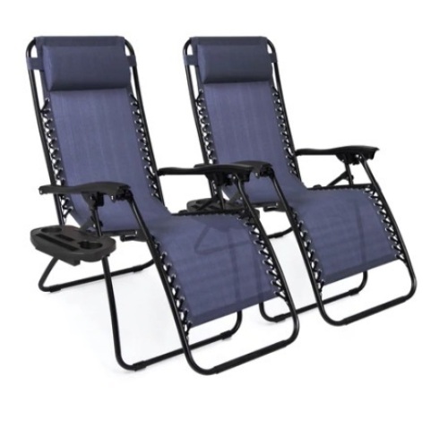 Set of 2 Adjustable Zero Gravity Patio Chair Recliners w/ Cup Holders, Blue, Appears New - Lot 551