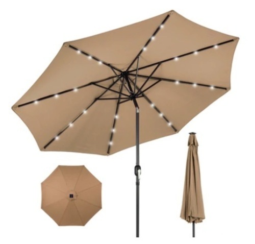 Solar LED Lighted Patio Umbrella w/ Tilt Adjustment, UV-Resistance,10ft, Tan, Appears New - Lot 552