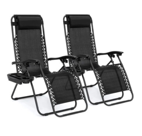 Set of 2 Adjustable Zero Gravity Patio Chair Recliners w/ Cup Holders, Black, Appears New - Lot 553