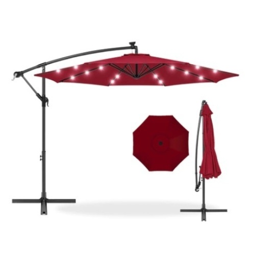 Solar LED Offset Hanging Patio Umbrella w/ Crank Tilt Adjustment, 10ft, Burgandy, Appears New - Lot 556