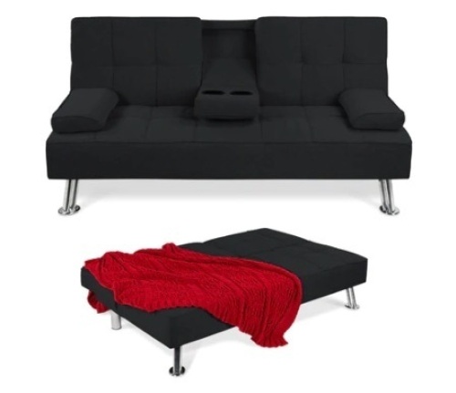 Linen Upholstered Convertible Sofa Bed Futon w/ 2 Cupholders, Black, Appears New - Lot 562