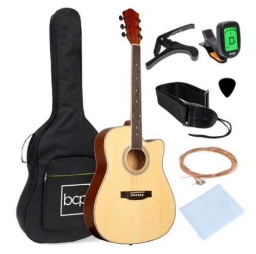 Full Size Beginner Acoustic Guitar Set with Case, Strap, Capo, Natural, 41in, Appears New - Lot 563