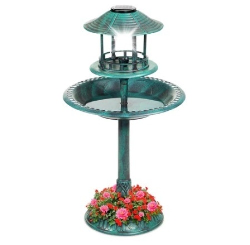 Solar Lighted Outdoor Pedestal Bird Bath w/ Planter, Decorative Bird Cage, Green, Appears New - Lot 575