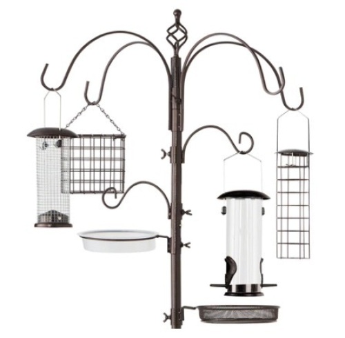Bird Feeding Station, 6-Hook Steel Multi-Feeder Stand w/ 4 Feeders, 89in, Bronze, Appears New - Lot 580