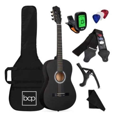 Beginner Acoustic Guitar Set w/ Case, Strap, Digital Tuner, & Strings, 38in, Black - Lot 581