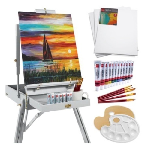 Portable Wooden French Easel w/ 32pc Beginners Kit, Gray - Lot 584