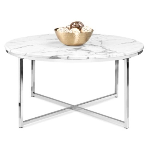 Round Coffee Table w/ Faux Marble Top, Metal Frame, 36in, Chrome, Appears New - Lot 596
