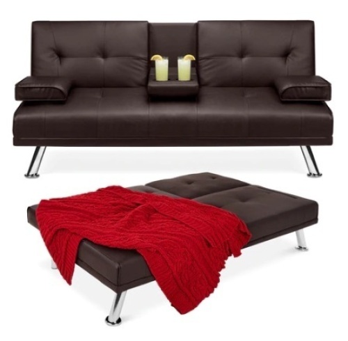 Faux Leather Upholstered Convertible Sofa Bed Futon w/ 2 Cupholders, Brown, Appears New - Lot 597