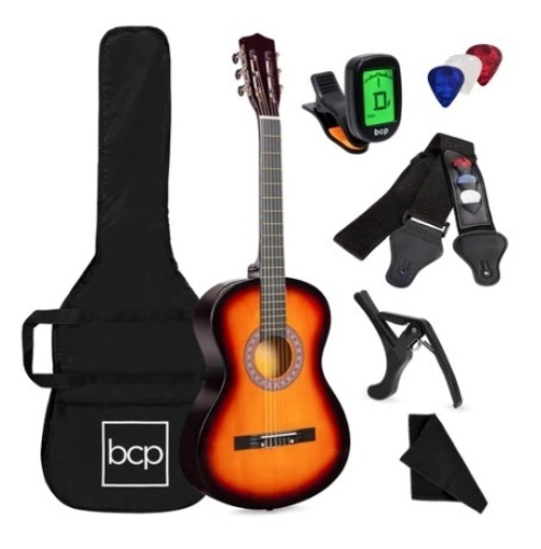 Beginner Acoustic Guitar Set w/ Case, Strap, Digital Tuner, & Strings, 38in, Sunburst - Lot 602