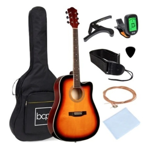 Full Size Beginner Acoustic Guitar Set with Case, Strap, & Capo, 41in, Sunburst - Lot 605