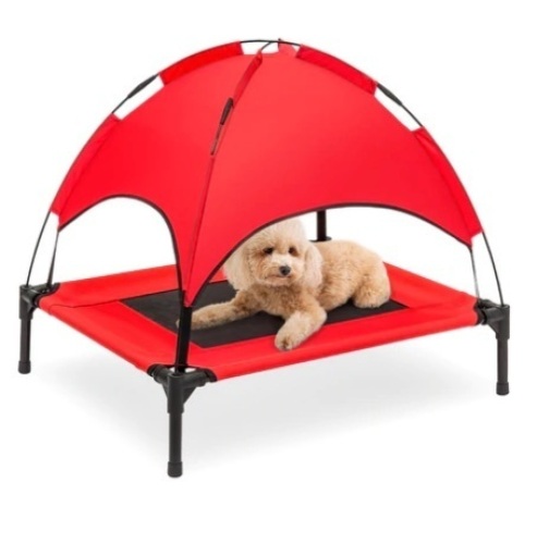 Elevated Cooling Dog Bed, Outdoor Pet Cot w/ Canopy, & Carry Bag, 30in, Red - Lot 608