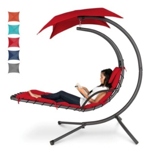 Hanging Curved Chaise Lounge Chair w/ Built-In Pillow, & Removable Canopy, Red - Lot 609