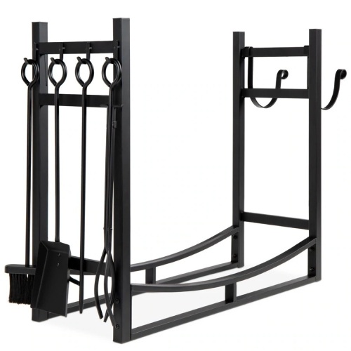 Steel Firewood Log Storage Rack & Tool Set w/ Kindling Holder - 34.25in - Lot 2328