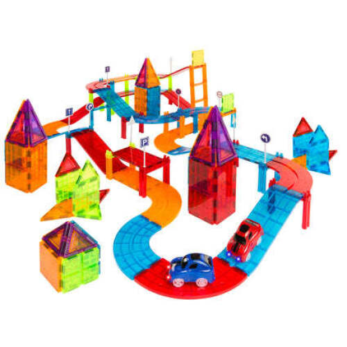 212- Piece Kids Magnetic Tile Car Race Track STEM Building Toy Set w/ 2 Cars - Lot 2370