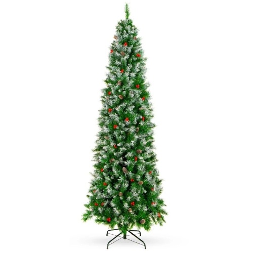 Partially Flocked Spruce Pencil Christmas Tree w/ Berries, Pine Cones - 6ft - Lot 2378