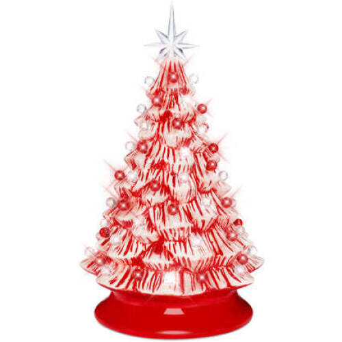 Pre-Lit Ceramic Peppermint Cane Tabletop Christmas Tree with Lights- 15in - Lot 2485