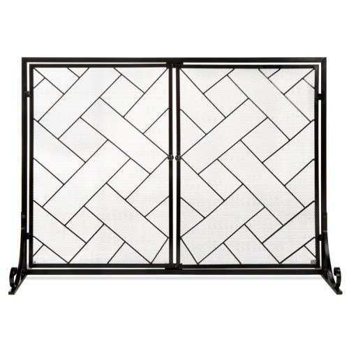 2-Panel Wrought Iron Geometric Fireplace Screen w/ Magnetic Doors - 44x33in - Lot 2627