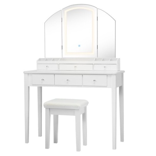 Vanity Table Stool Set Large Tri-folding Lighted Mirror 6 Drawer Dresser  - Lot 72