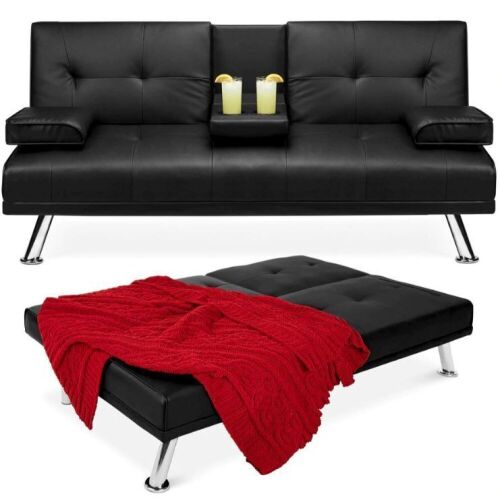 Faux Leather Upholstered Convertible Sofa Bed Futon w/ 2 Cupholders - Lot 81