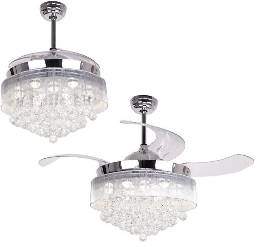 Crystal Chandelier Ceiling Fan with Retractable Blades, 4000K Cool White Lights, 46 Inch, Chrome - Lot 151