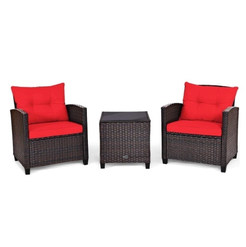 3-Piece Rattan Wicker Patio Conversation Set Sofa Coffee Table with Red Cushions - Lot 197