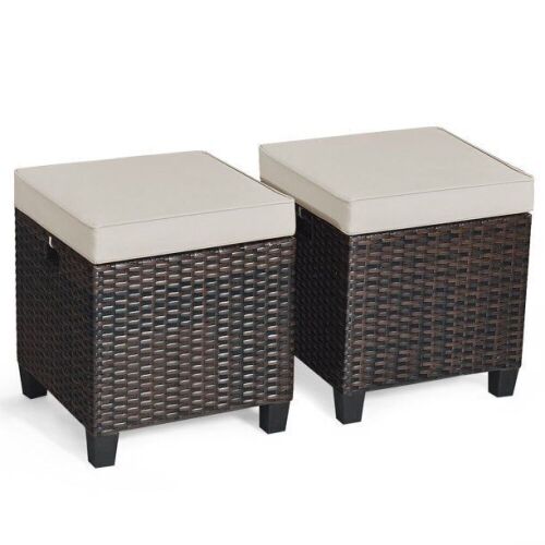Set of 2 Patio Rattan Ottoman Cushioned Seat Foot Rest  - Lot 330