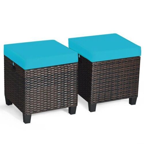 2-Piece Wicker Outdoor Patio Ottoman with Turquoise Cushions - Lot 358