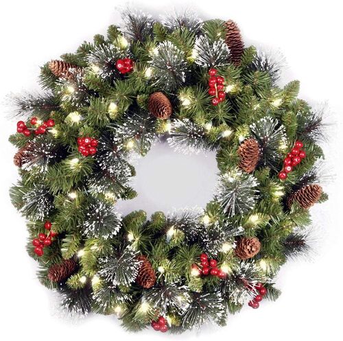 National Tree Company Pre-Lit Artificial Christmas Wreath, Green, Crestwood Spruce, White Lights, Decorated with Pine Cones, Berry Clusters, Frosted Branches, Christmas Collection, 24 Inches - Lot 505